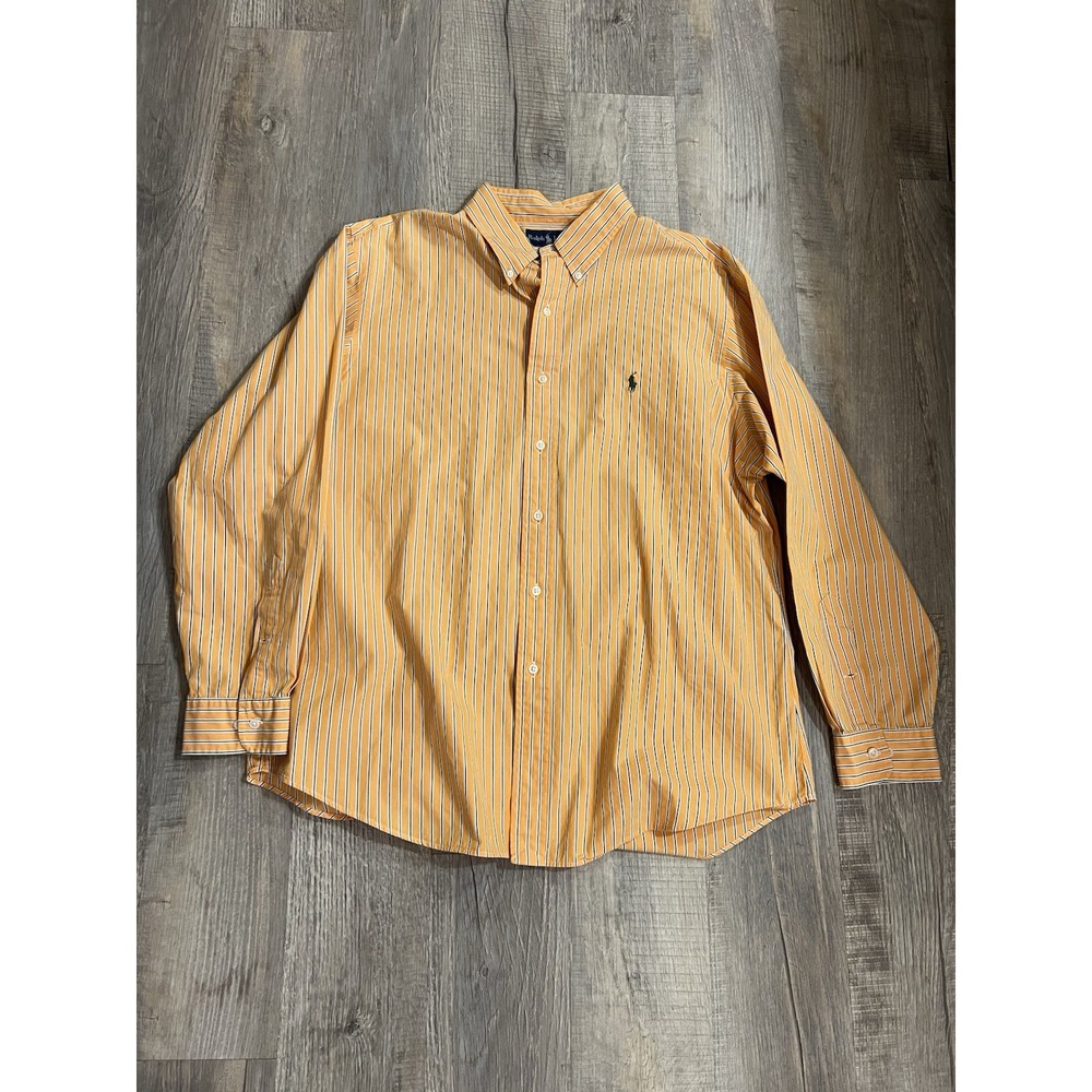 Ralph‎ Lauren Shirt Mens Custom Fit 17 .5 34 / 35 Orange Striped Long Sleeve
